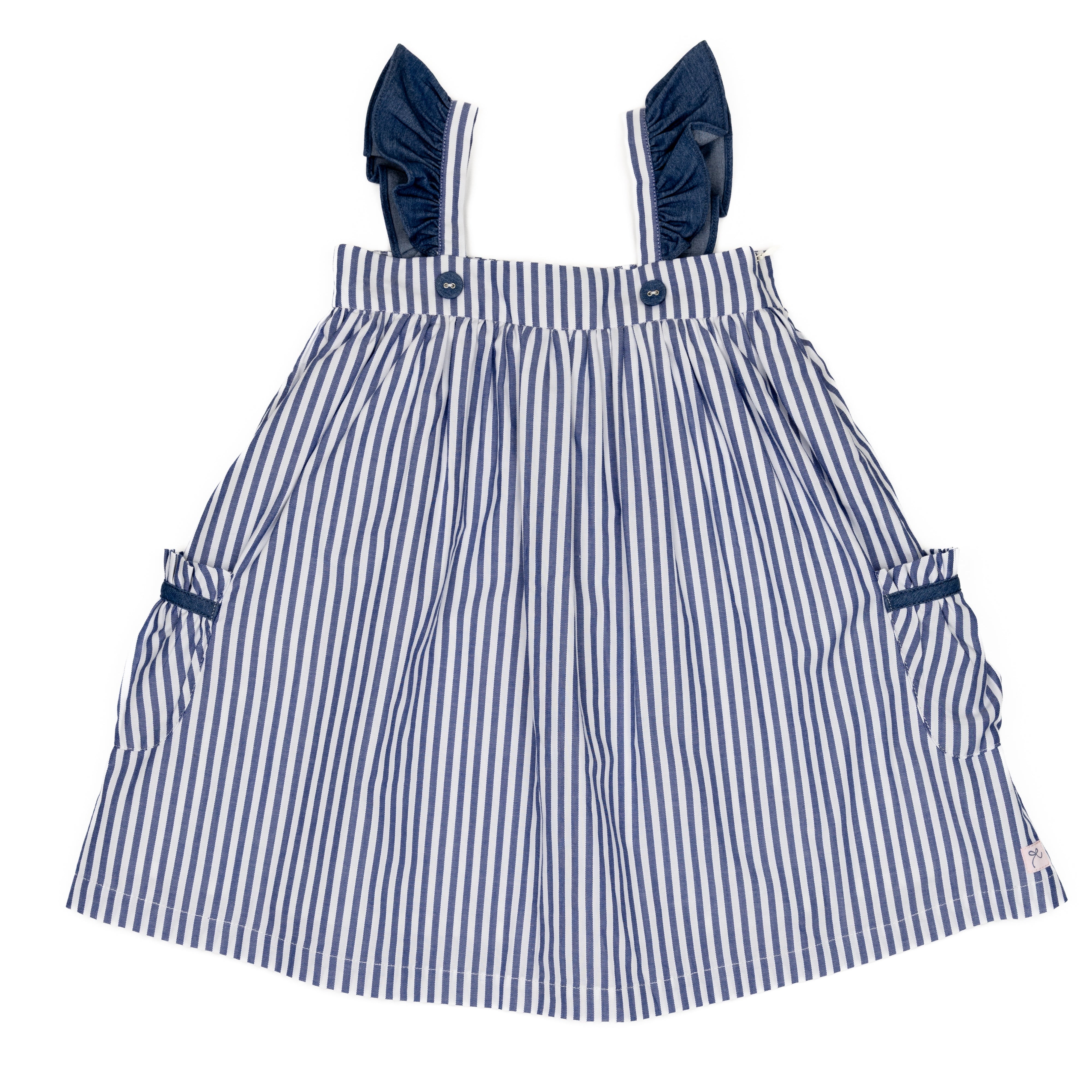 Blue and white striped dress with ruffled straps on a white background