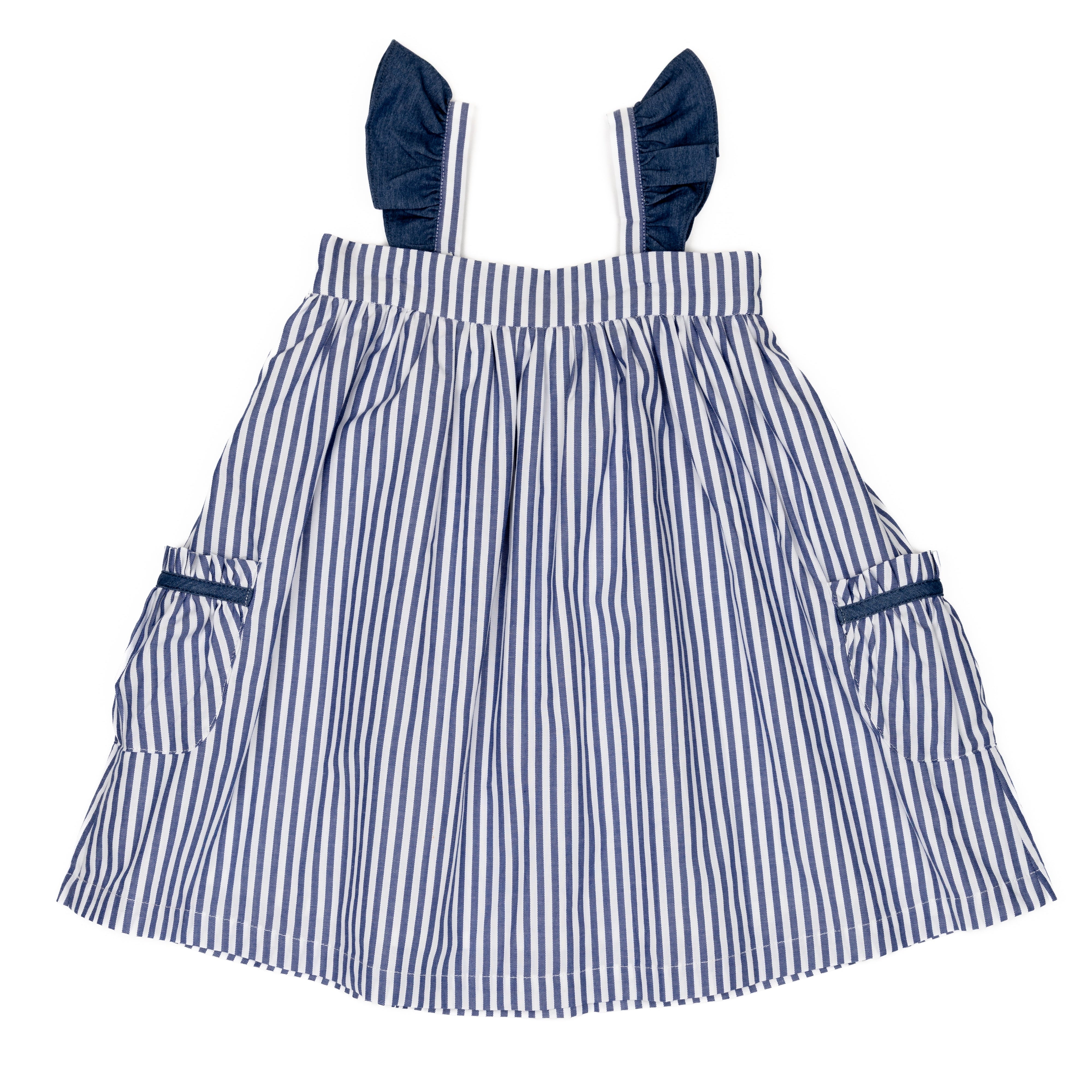 Blue and white striped dress with ruffled straps 