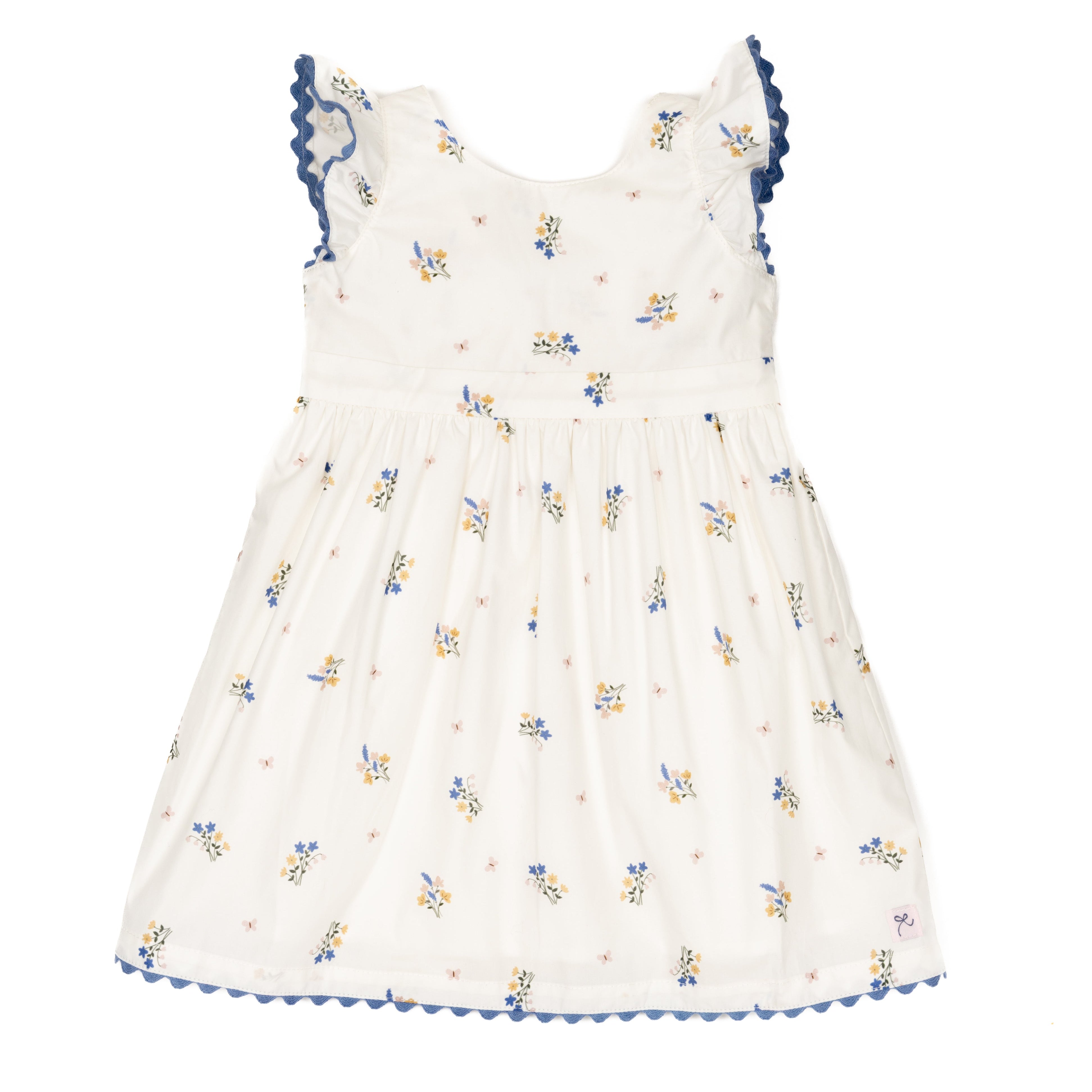 Girls white dress with flowers and butterflies and blue ric rac trim
